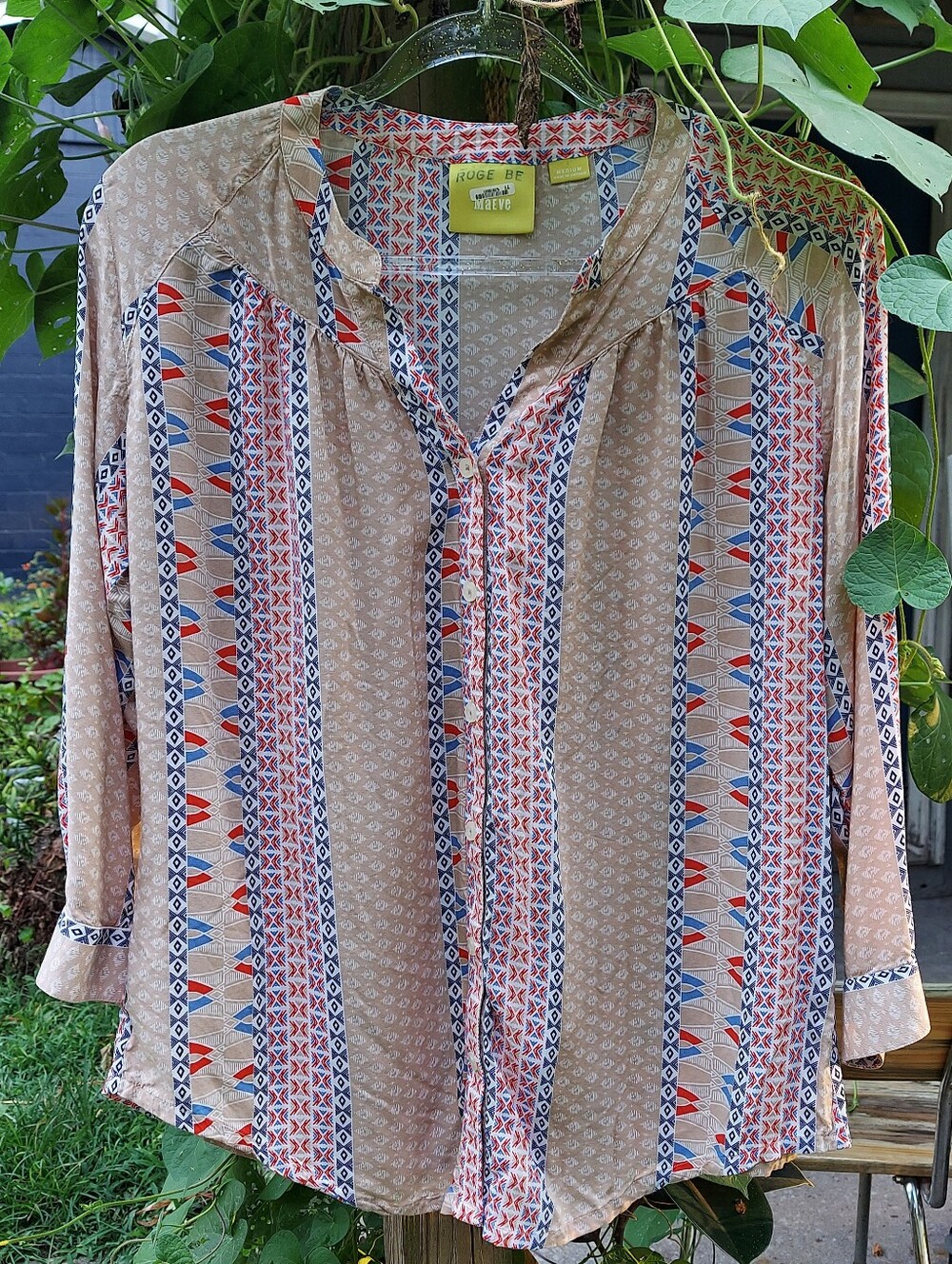 Maeve Anthropologie 3/4 Sleeve Button Down Print Blouse Top